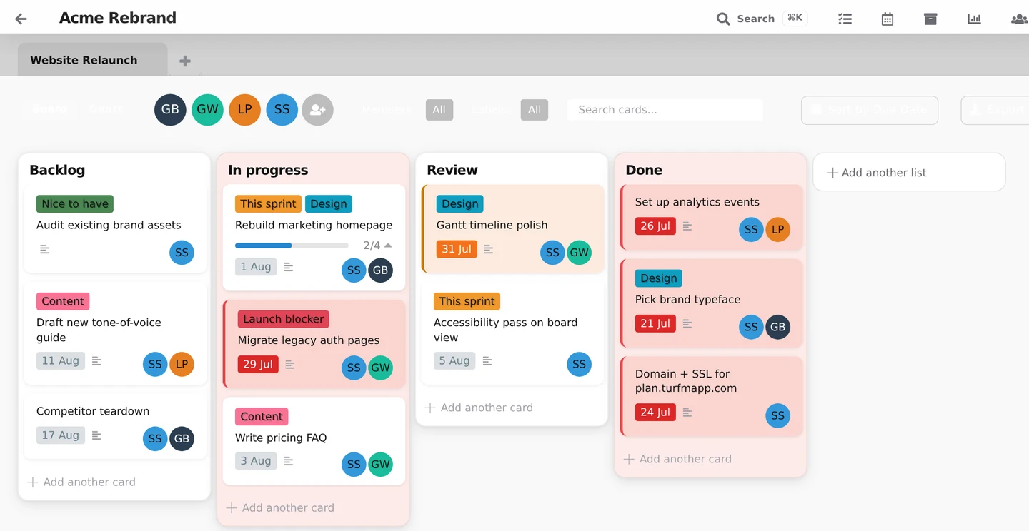 A PMAPP board with Backlog, In progress, Review and Done lists, each card showing labels and a due date.
