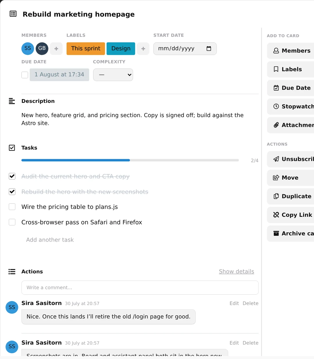 A PMAPP card showing assigned members, This sprint and Design labels, a due date, a description, a 2 of 4 checklist and a thread of comments.